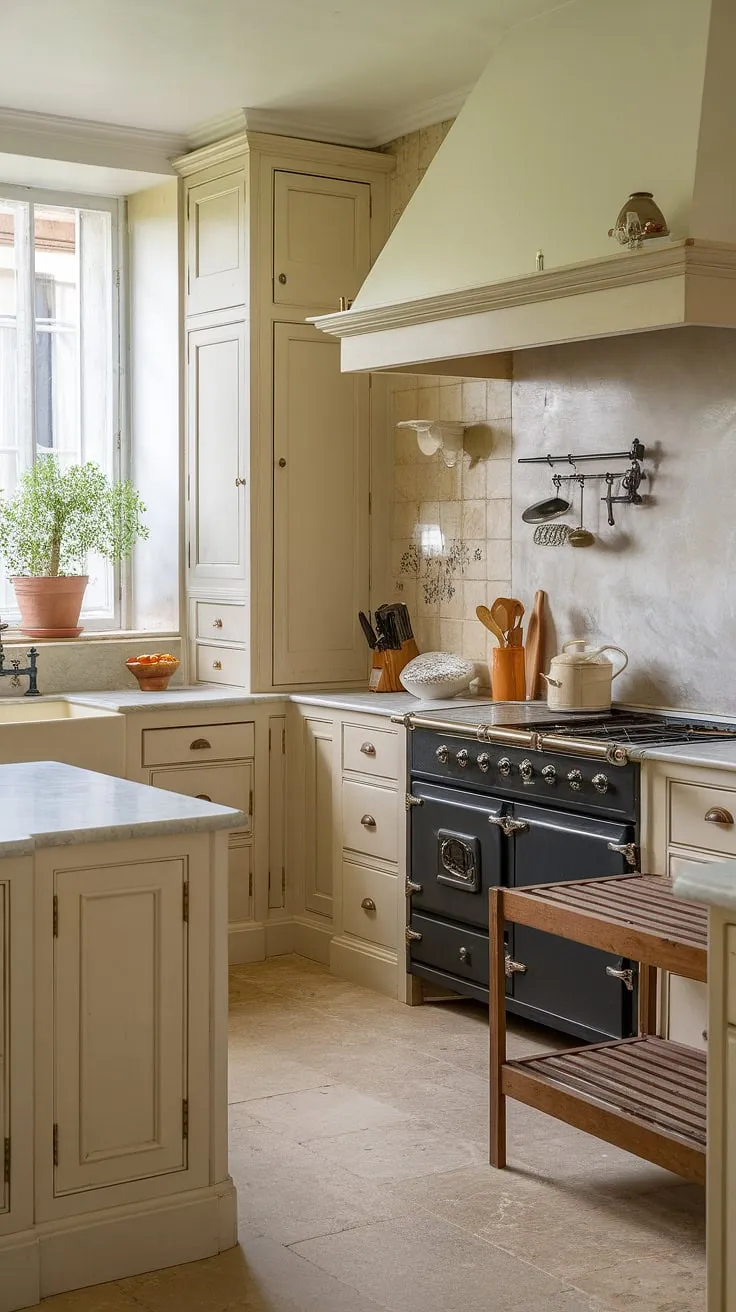 Elegant beige tones and marble countertops define this charming French country kitchen.