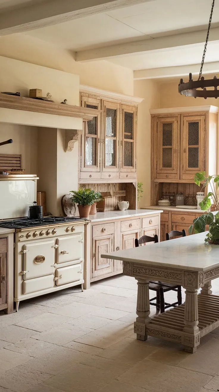 Old-world charm fills a warm French country kitchen, its white cabinets and ornate details surrounding a large cast-iron stove and inviting wooden table.