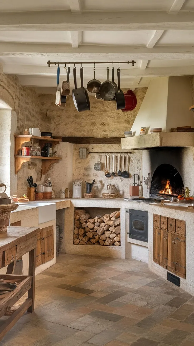 A wood-fired oven and traditional French furniture create an idyllic old-world kitchen in a charming stone building.
