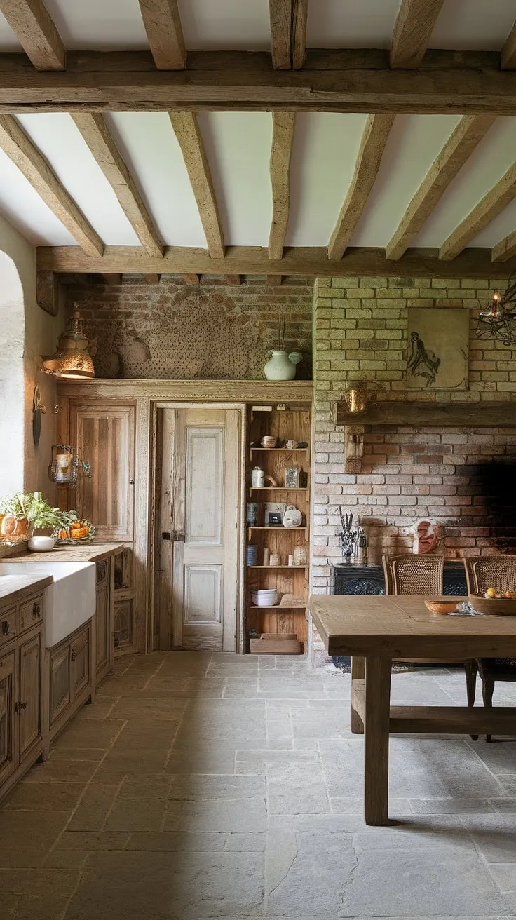 Warmth and age infuse this French country kitchen, its aged wood and stone creating a cozy hearth-centered haven