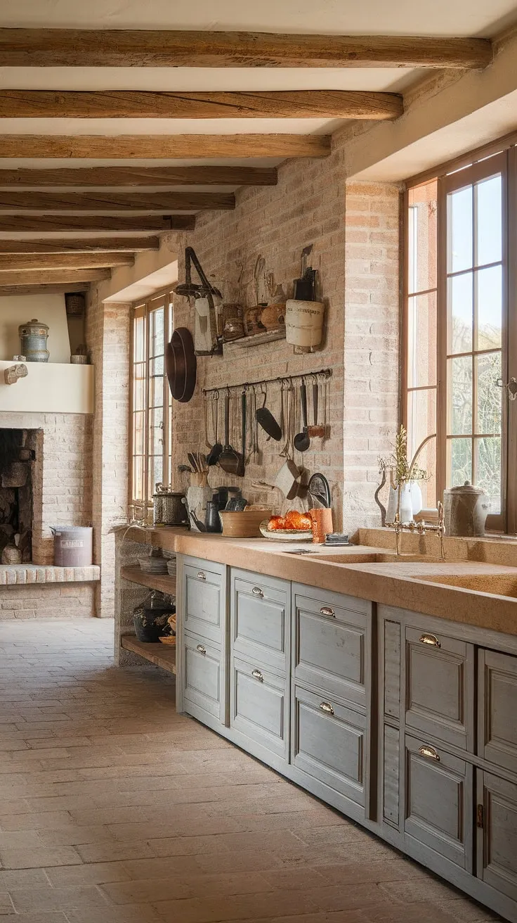 Elegant French country charm fills a sunlit kitchen with aged cabinetry, exposed brick, and terracotta floors