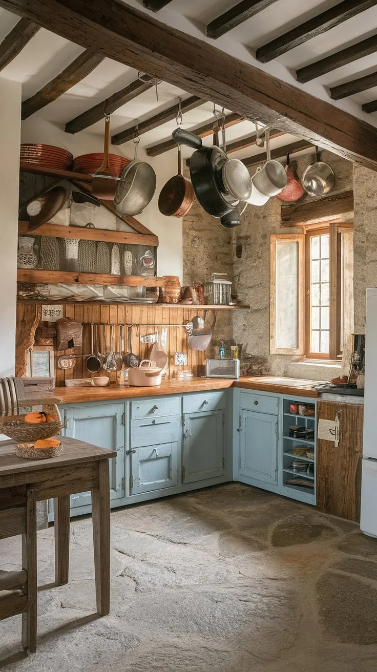 A French country kitchen evokes a timeless atmosphere with its aged wood, stone, and vintage details.
