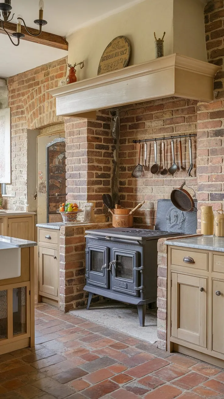 Rustic charm fills a French country kitchen boasting exposed brick, marble countertops, a wood-burning stove, and vintage details.