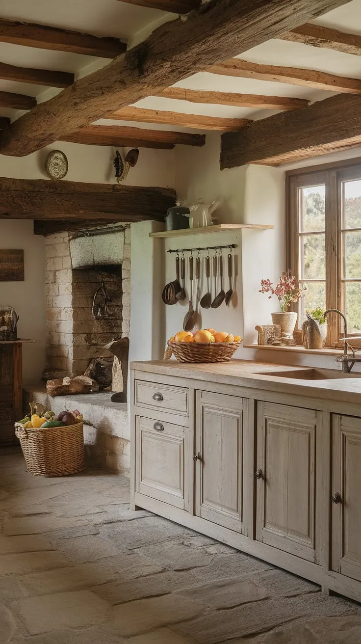 Rustic charm fills a French country kitchen, its old-world cabinets and stone floor creating a cozy haven warmed by a hearth and sunlit views.