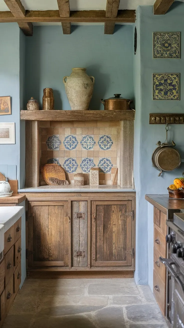 A charming French country kitchen, painted soft blue, evokes warmth with aged cabinetry, a stone hearth, and vintage accents.