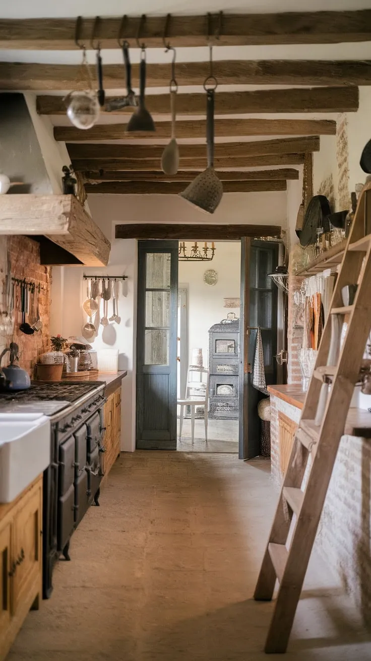 A vintage stove and hanging utensils enhance the character of this charming French kitchen, its stone floor and wooden ladder adding to its appeal.