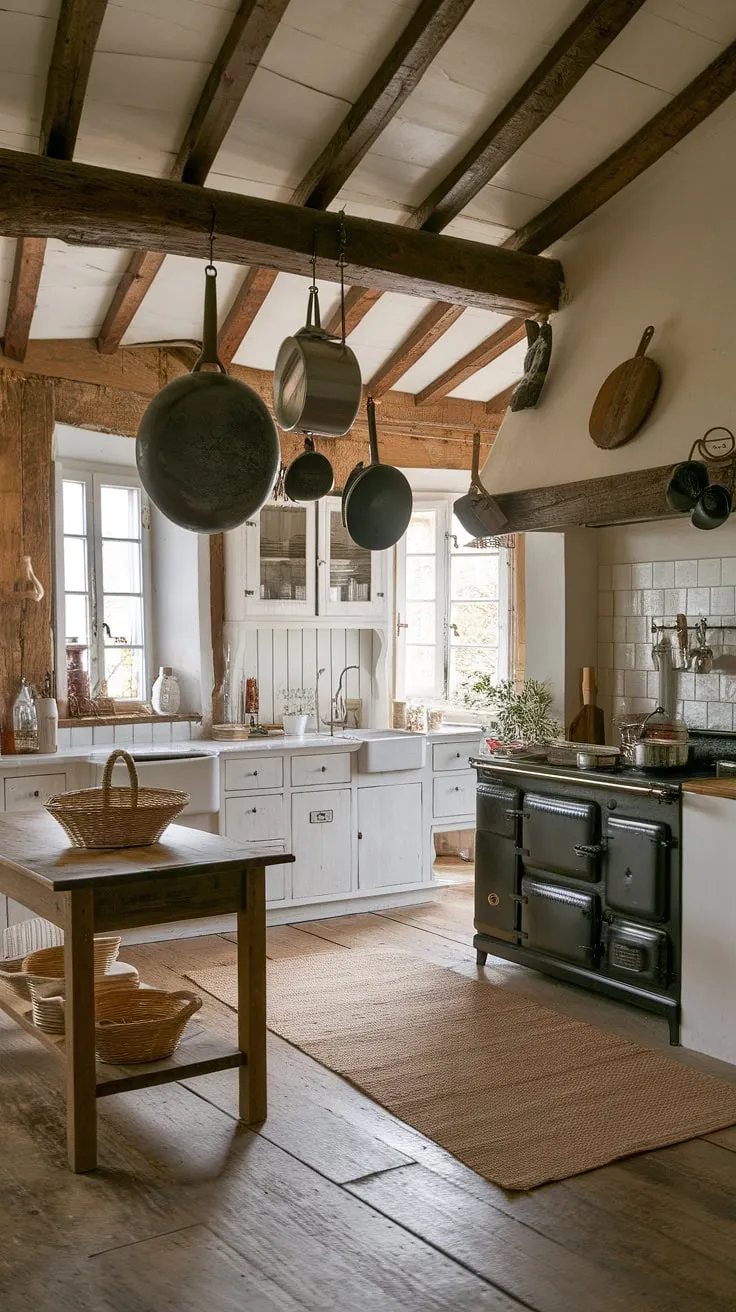 High ceilings and a black stove enhance the old-world appeal of this French kitchen.