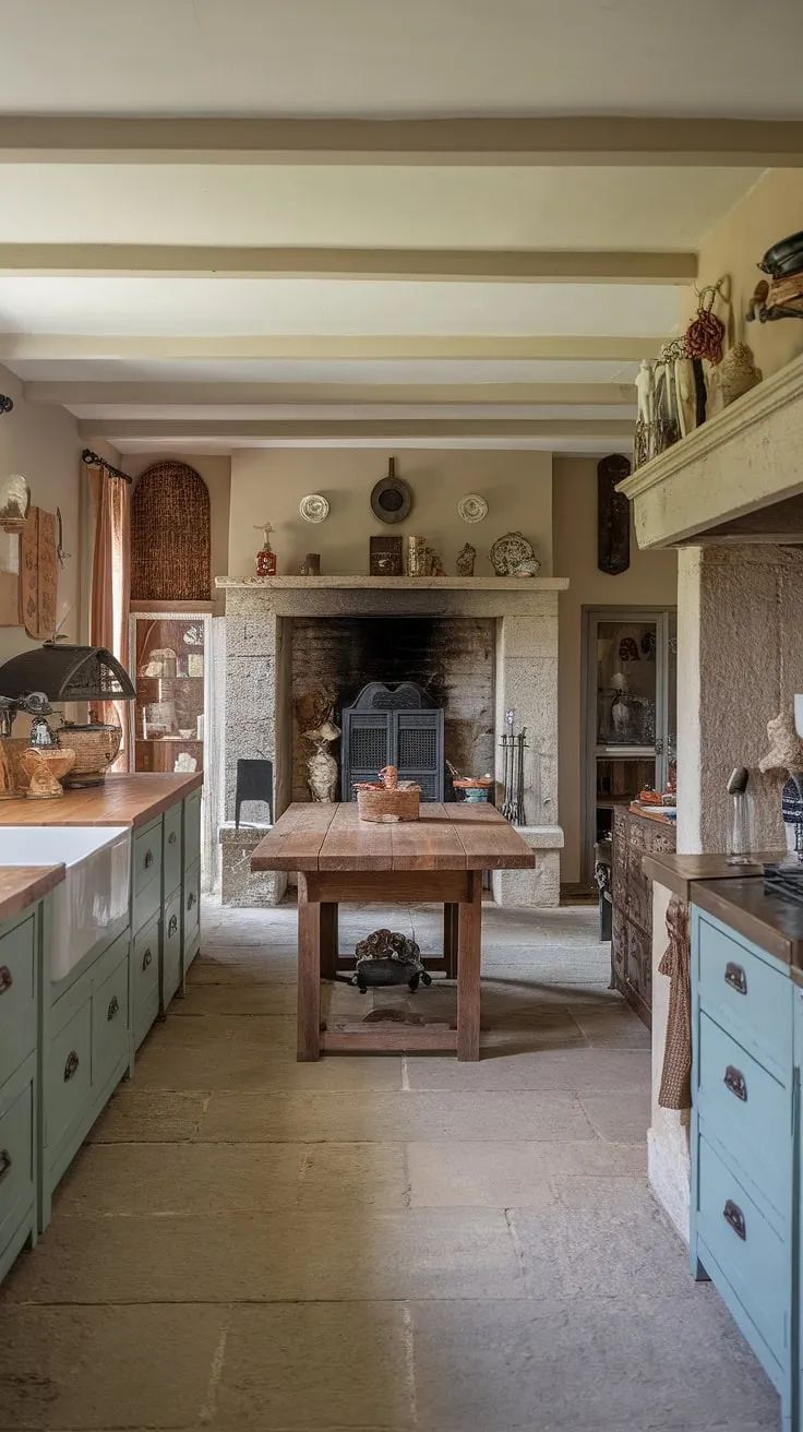 Warmth and rustic charm fill a French country kitchen, blending old-world cabinets, a stone hearth, and vintage details for a captivating atmosphere.