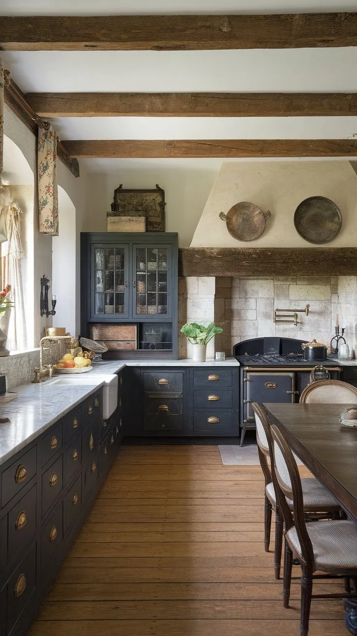 A captivating French kitchen blends old-world elegance with a warm, inviting atmosphere.