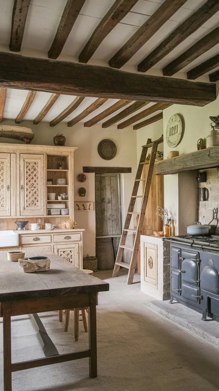 Old-world charm fills a French country kitchen, its stone floor and hearth complemented by wooden beams, intricate cabinetry, and a rustic, inviting atmosphere.