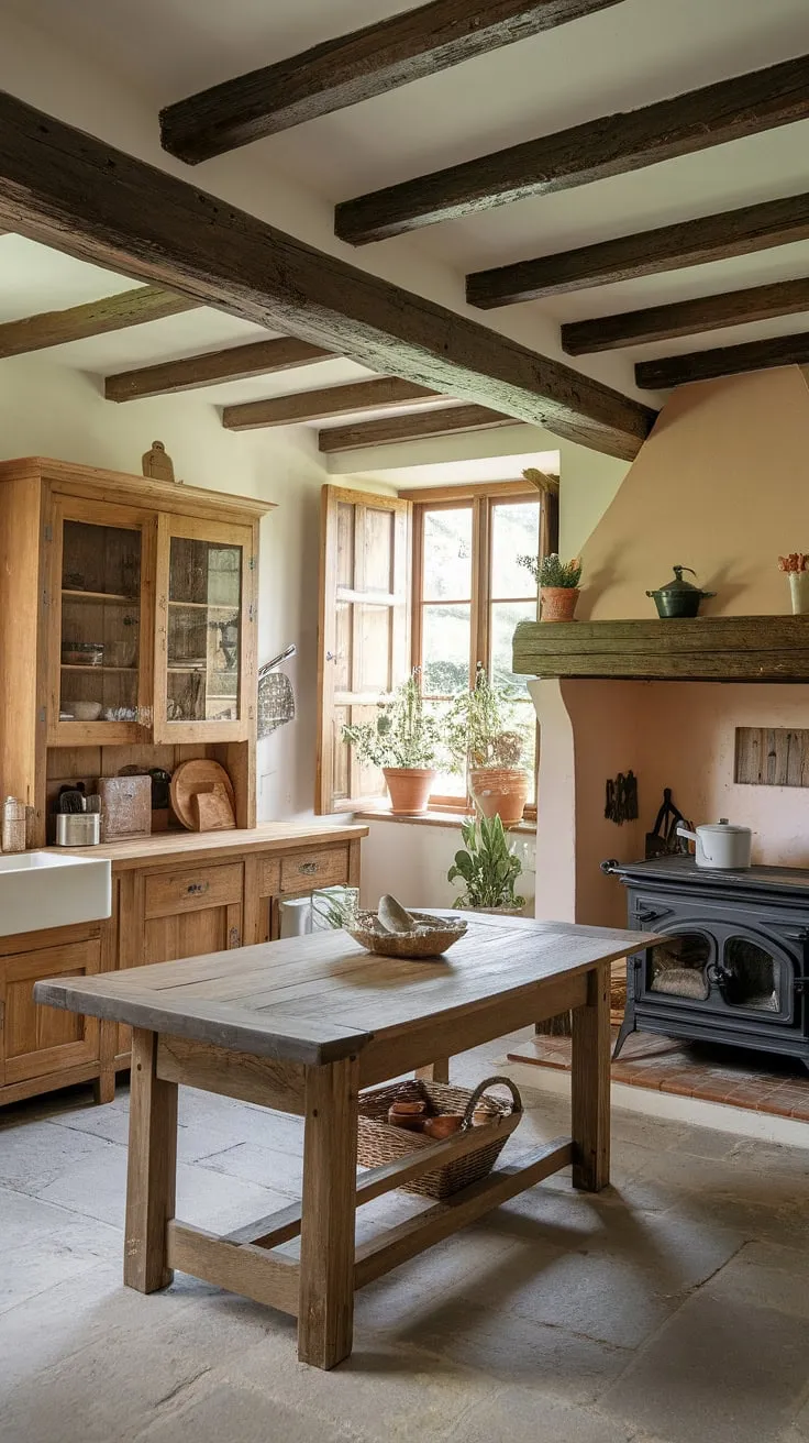 Rustic charm fills a French country kitchen, its aged wood cabinets, stone floor, and cast iron stove creating a warm, inviting atmosphere.