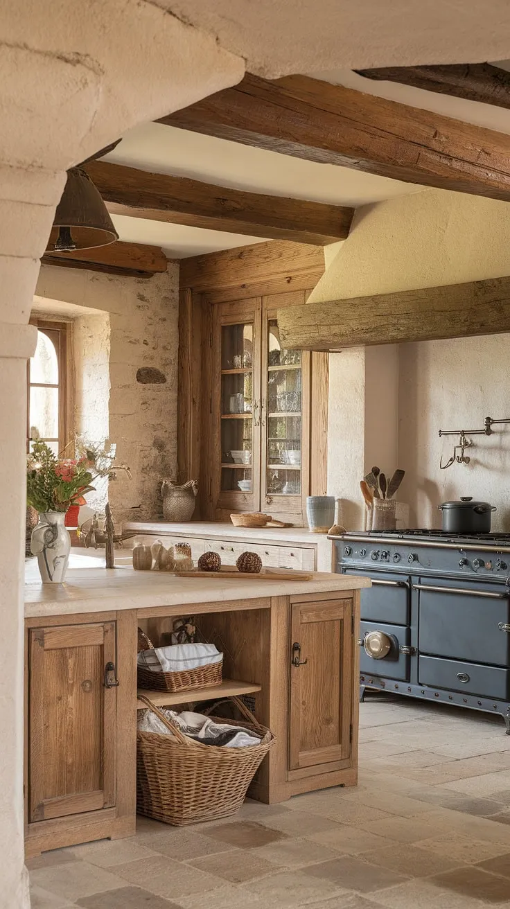 A chateau-inspired kitchen evokes old-world French elegance with its stone walls, wooden cabinets, and inviting hearth.