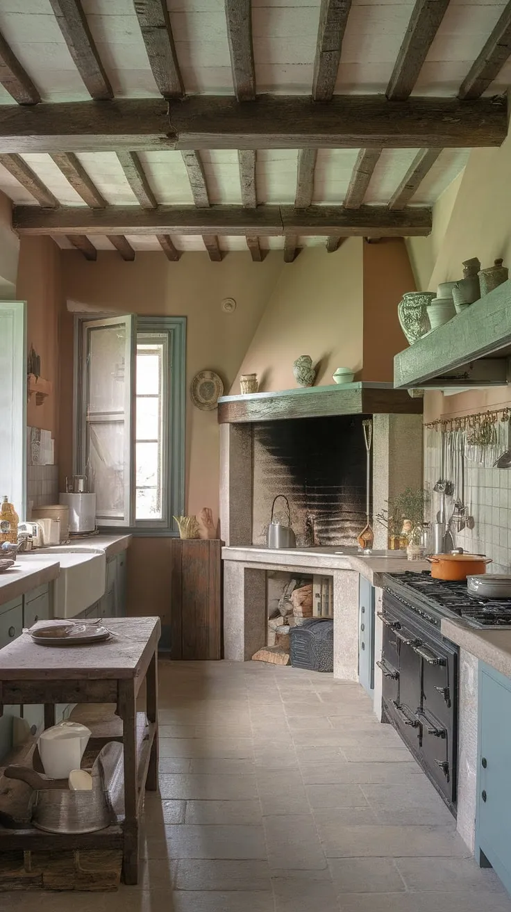 A weathered hearth and vintage details create an idyllic French country kitchen atmosphere.