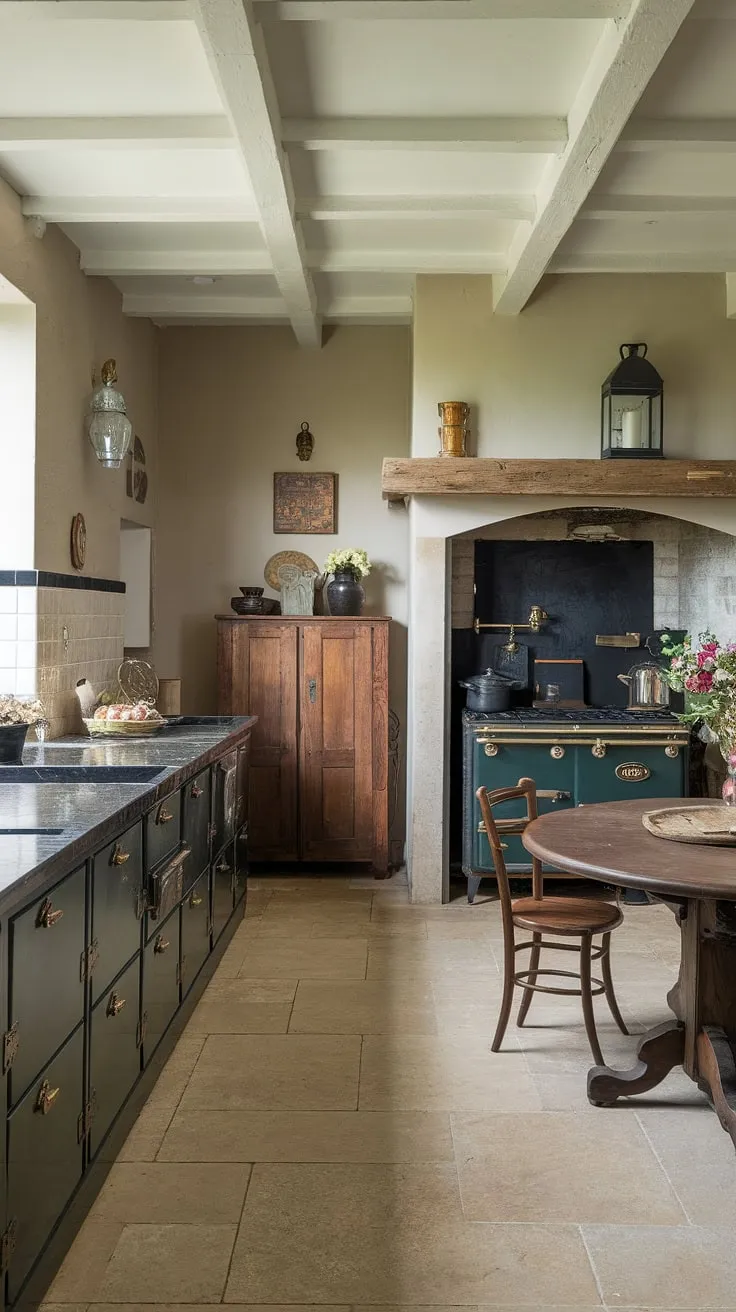 Old-world charm fills a French country kitchen, its dark green cabinets and black marble countertops complemented by exposed beams and a vintage stove.