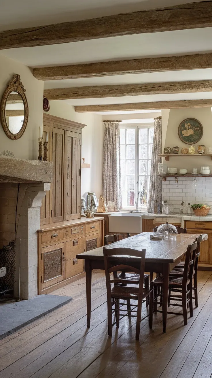 A Victorian-style French country kitchen, complete with a hearth room and detailed wooden cabinetry, exudes elegance and history.
