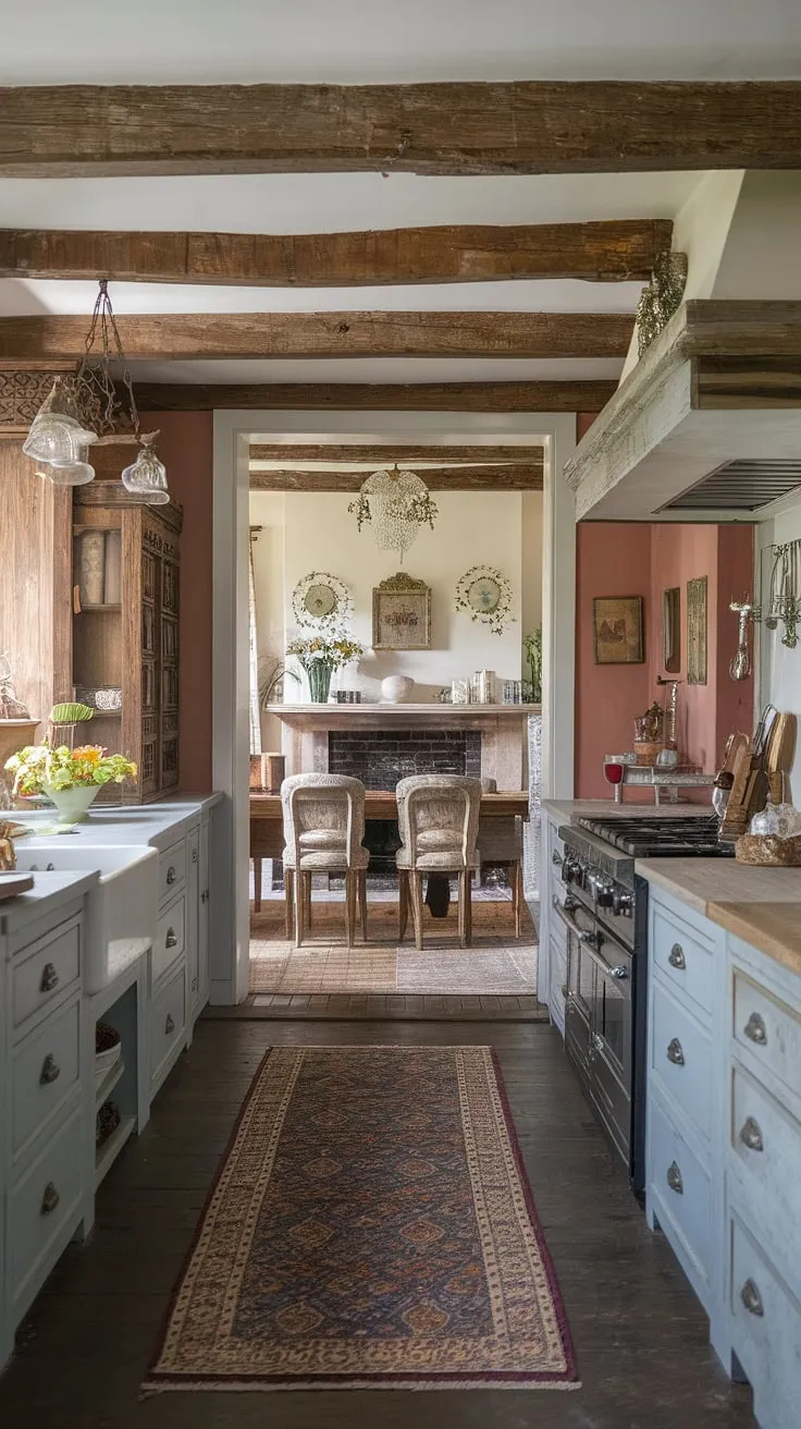 A Victorian-inspired hearth room completes the idyllic French country kitchen aesthetic