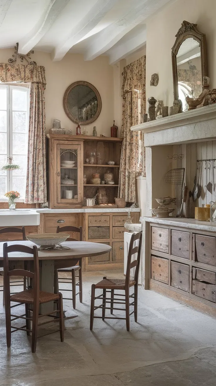 Elegant old-world charm fills this French country kitchen, blending Victorian and English styles with a grand hearth and distressed wood cabinetry