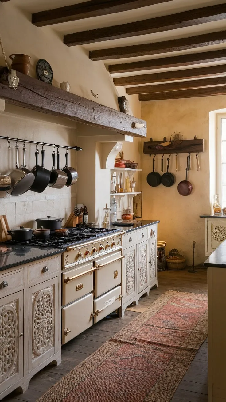 A French country kitchen evokes warmth with its aged wood, detailed cabinetry, and black granite countertops.