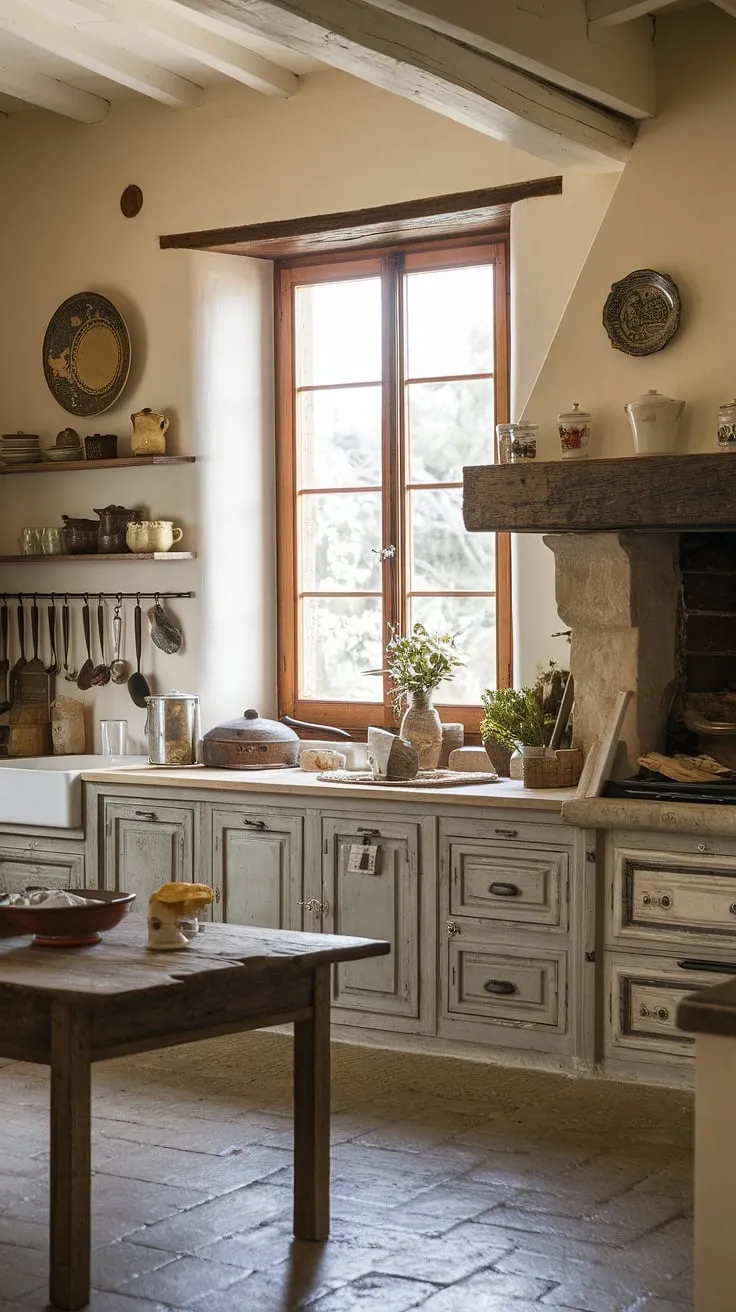 Warm natural light floods a charming French country kitchen, showcasing rustic details and vintage charm.