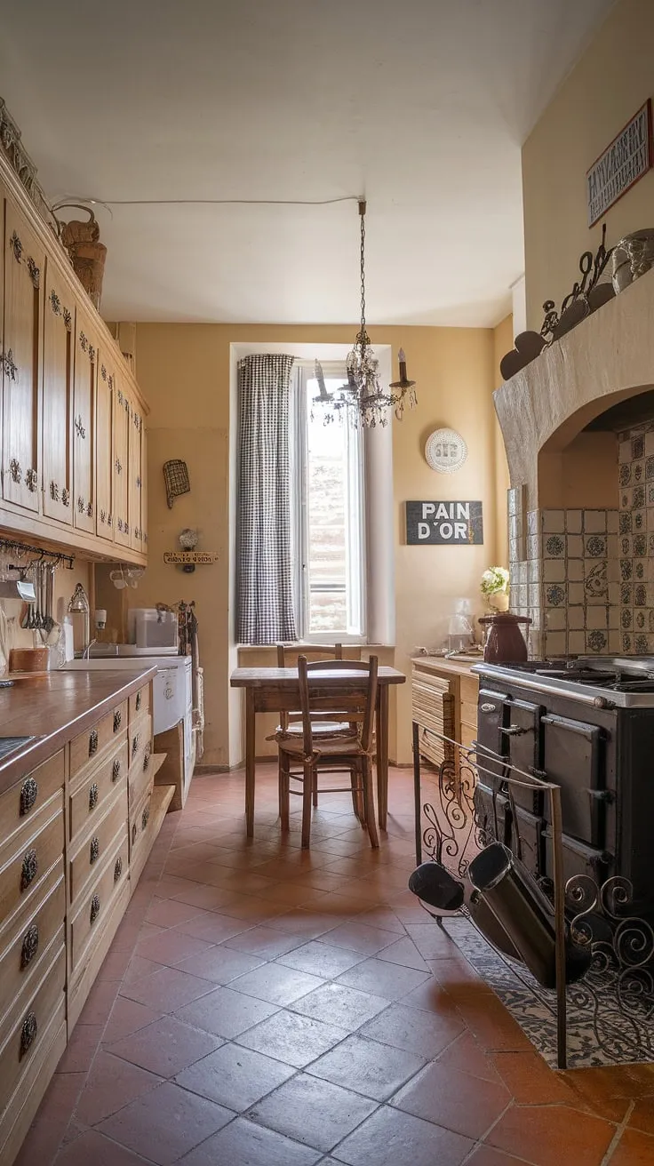 A vintage stove and checkered curtains evoke the idyllic heart of a French country kitchen.
