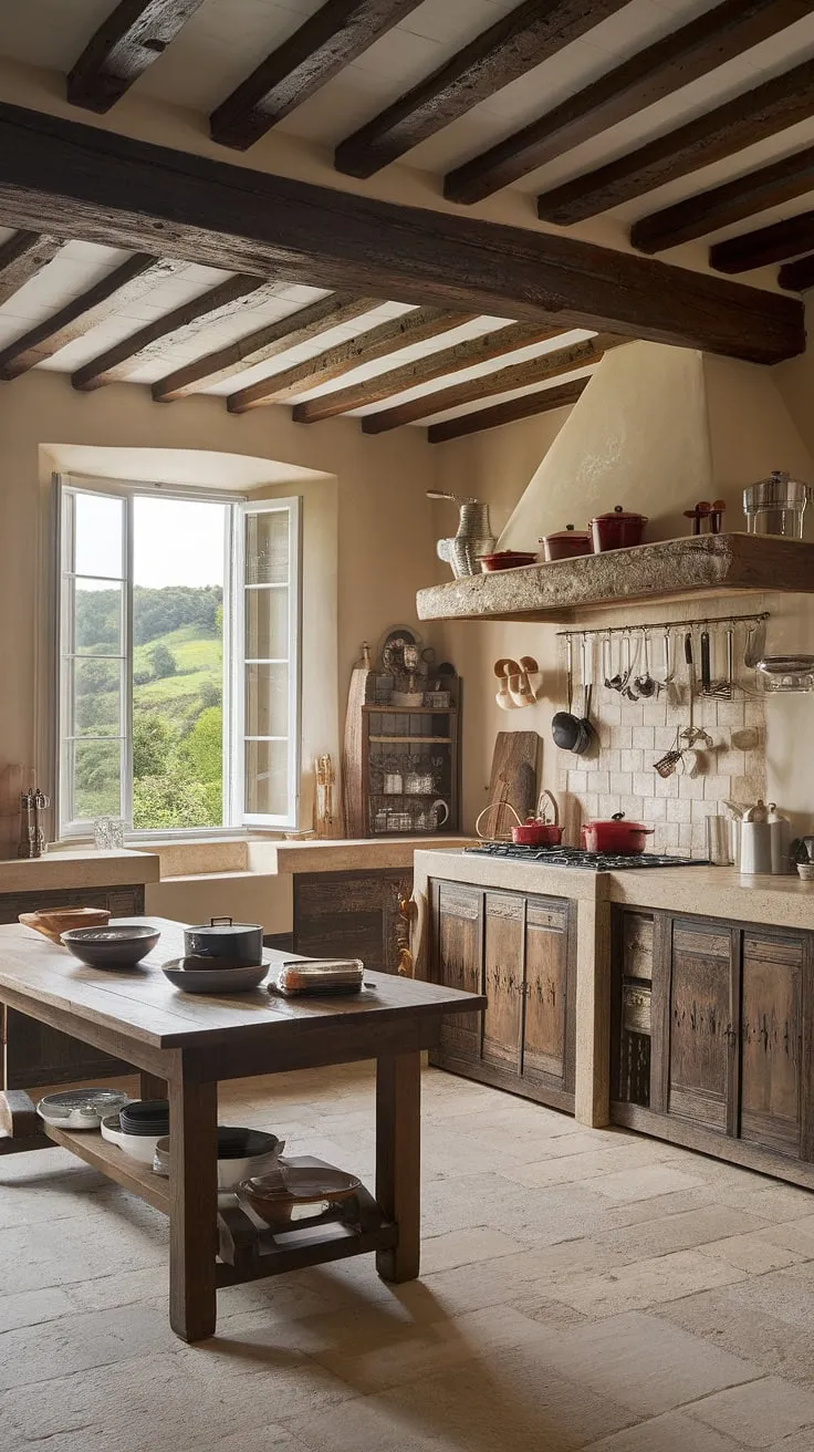 Rustic wooden beams, stone floors, and dark wood cabinets create an old-world French country kitchen brimming with charm.