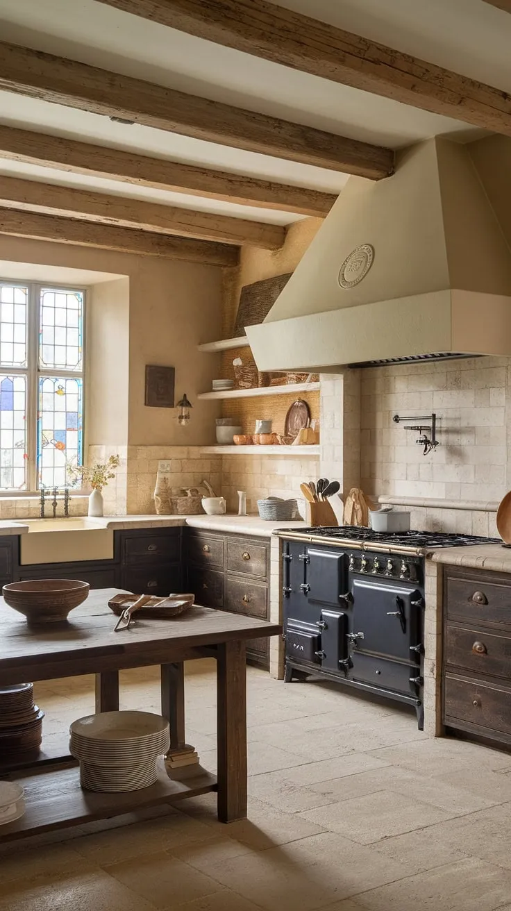 Rustic charm fills this French country kitchen, its aged wood, stone, and stained glass creating a warm, inviting space.