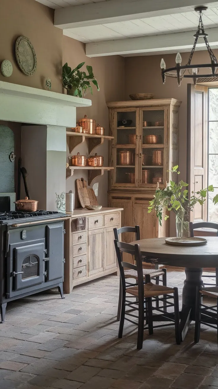 Elegant French country charm fills a kitchen with aged wood cabinets, copper cookware, and a warm hearth.