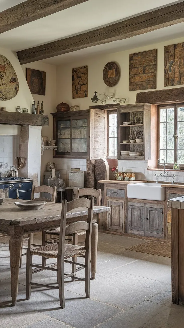 A French chateau's hearth-room kitchen blends old-world charm with Victorian and English country styles in a rustic, wood-and-stone haven.