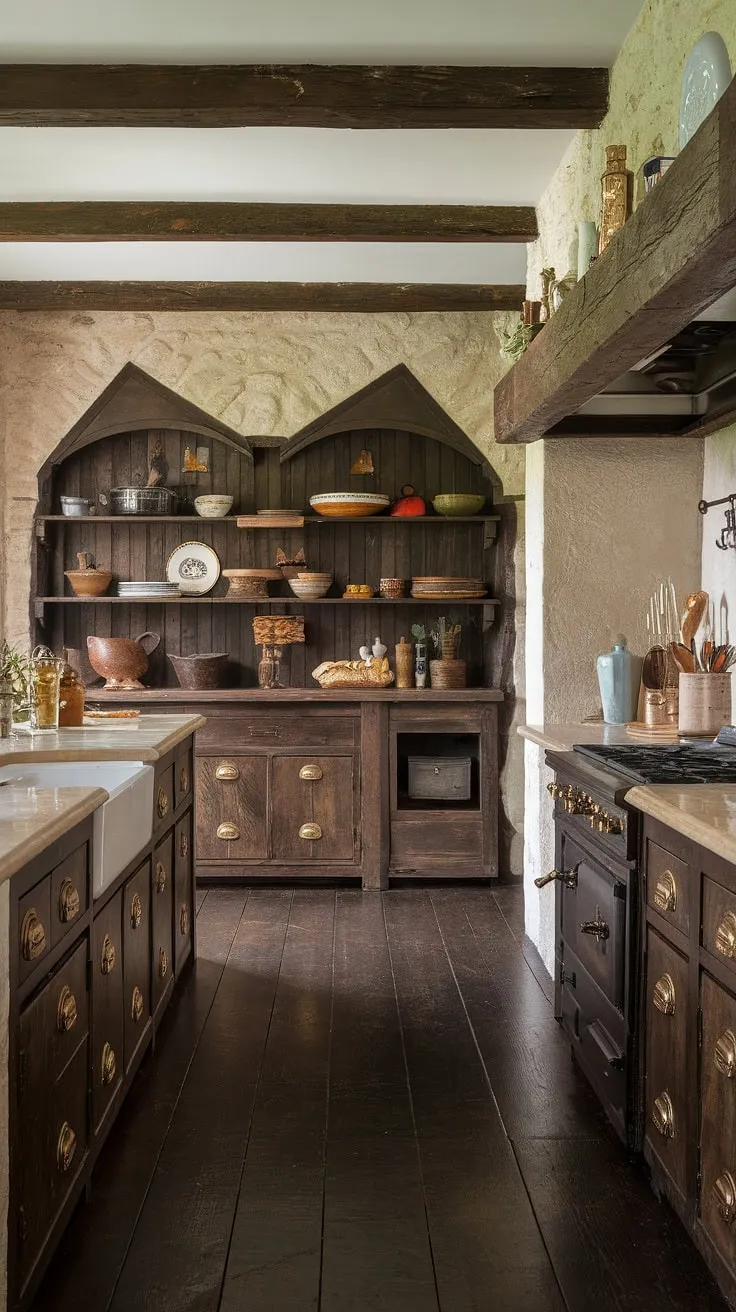 Elegant French and Victorian country kitchen design elements blend beautifully in a charming space with dark wood, marble, and a stone hearth.