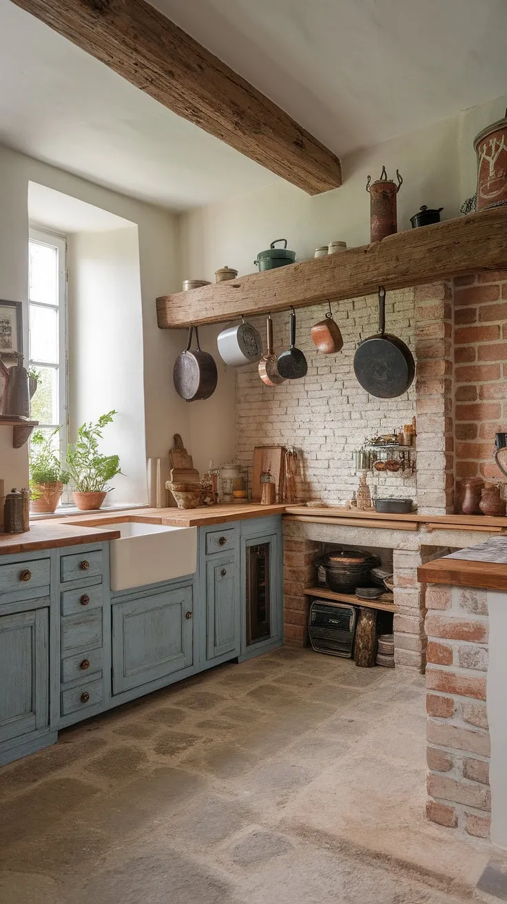 Elegant French chateau-style kitchen design features aged cabinetry, exposed brick, and a charming hearth.