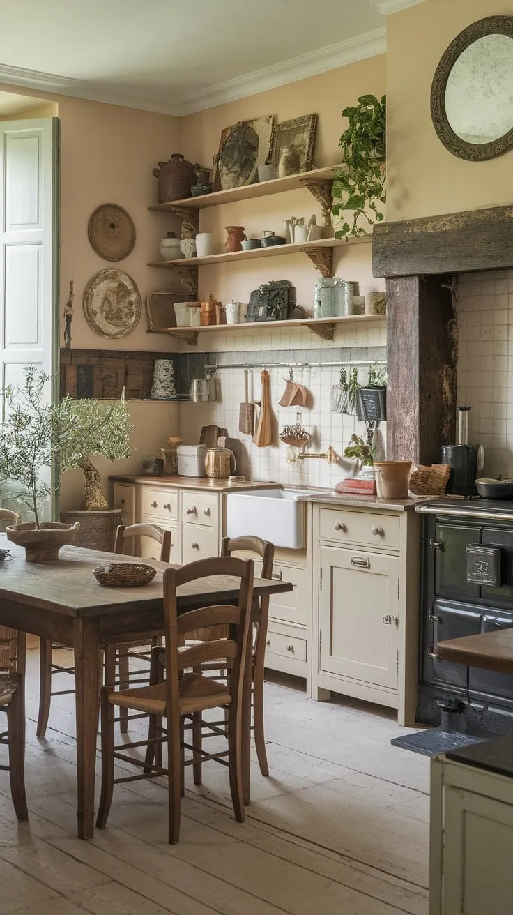 A grand French country kitchen blends old-world charm with a Victorian aesthetic in a stunning chateau setting.