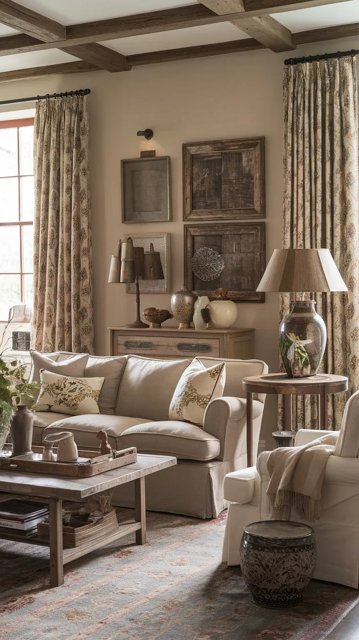 A chic, vintage-inspired French farmhouse living room exudes warmth and sophistication.