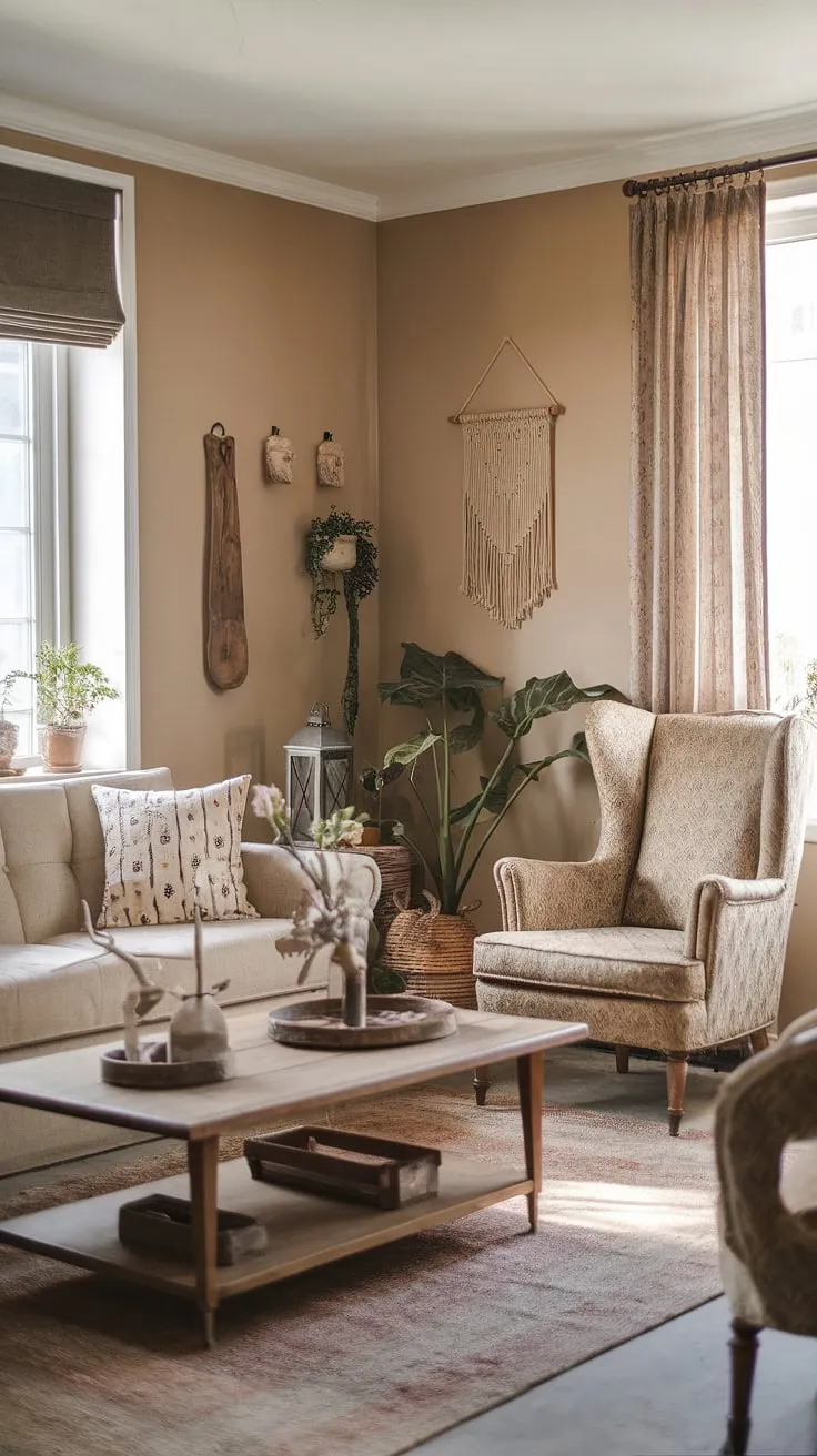 A cozy and stylish French country living room showcases a vintage farmhouse aesthetic updated with modern design elements.