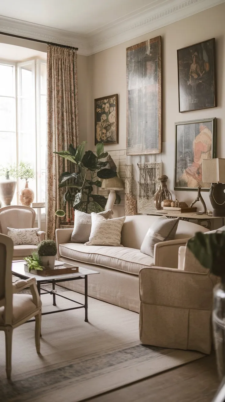A vintage farmhouse aesthetic updated with organic modern touches creates a sophisticated and cozy atmosphere.
