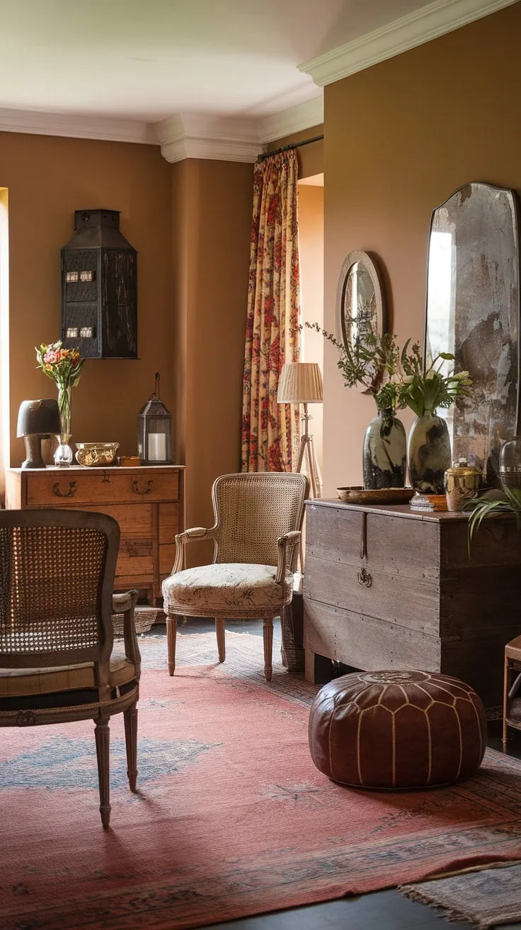 A vintage farmhouse style meets modern design in this cozy and stylish French living room.