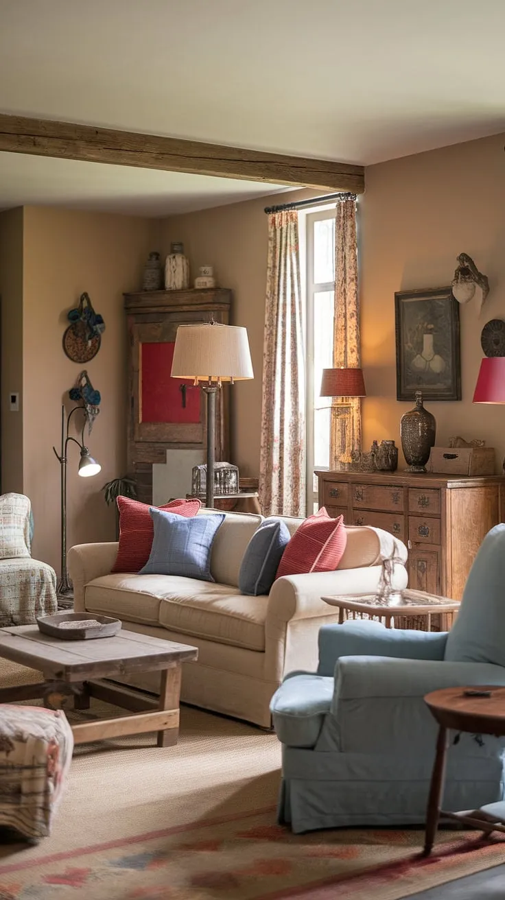 Beige walls and antique accents create a cozy French country living room with a vintage farmhouse feel.