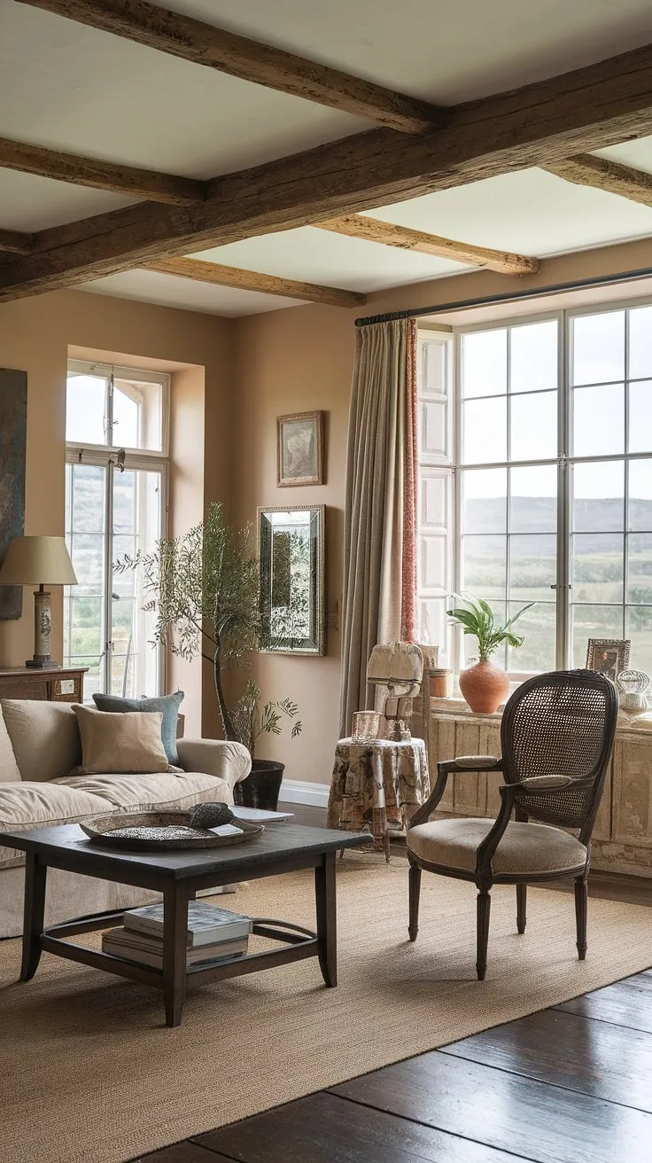 A charming French country living room, bathed in natural light and adorned with vintage details, offers a cozy retreat.
