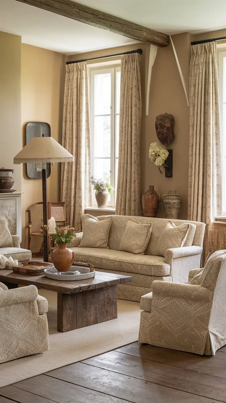 Elegant beige tones and vintage farmhouse charm create a modern country living room