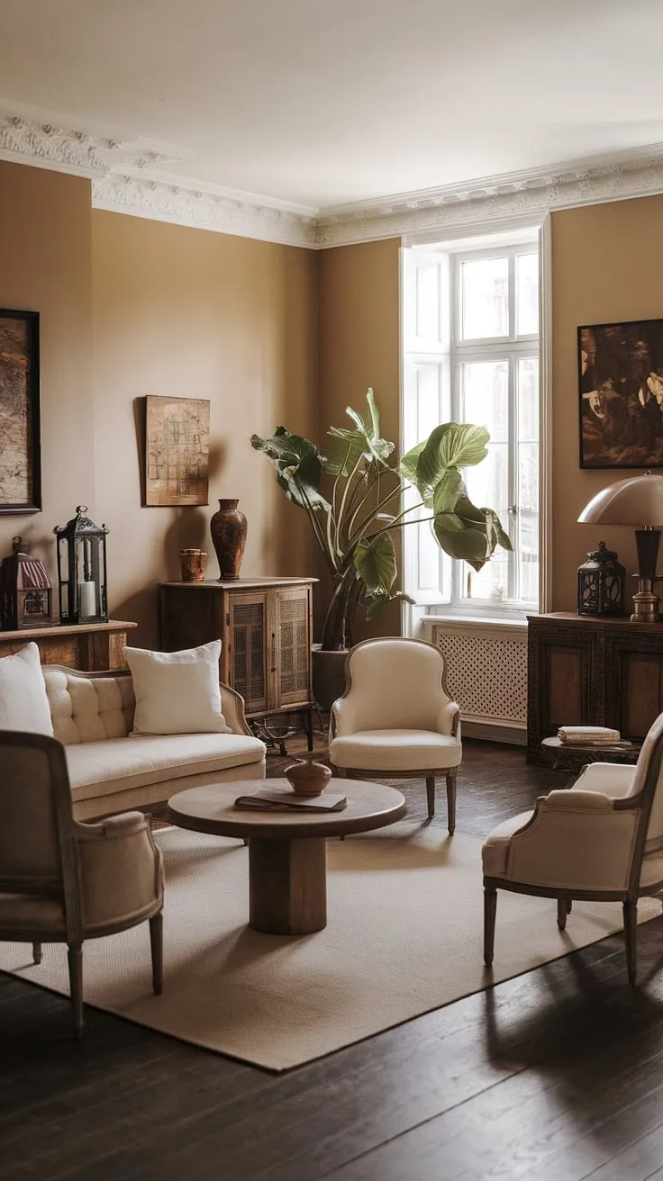 A vintage French country living room is updated with modern elements for a sophisticated and inviting space
