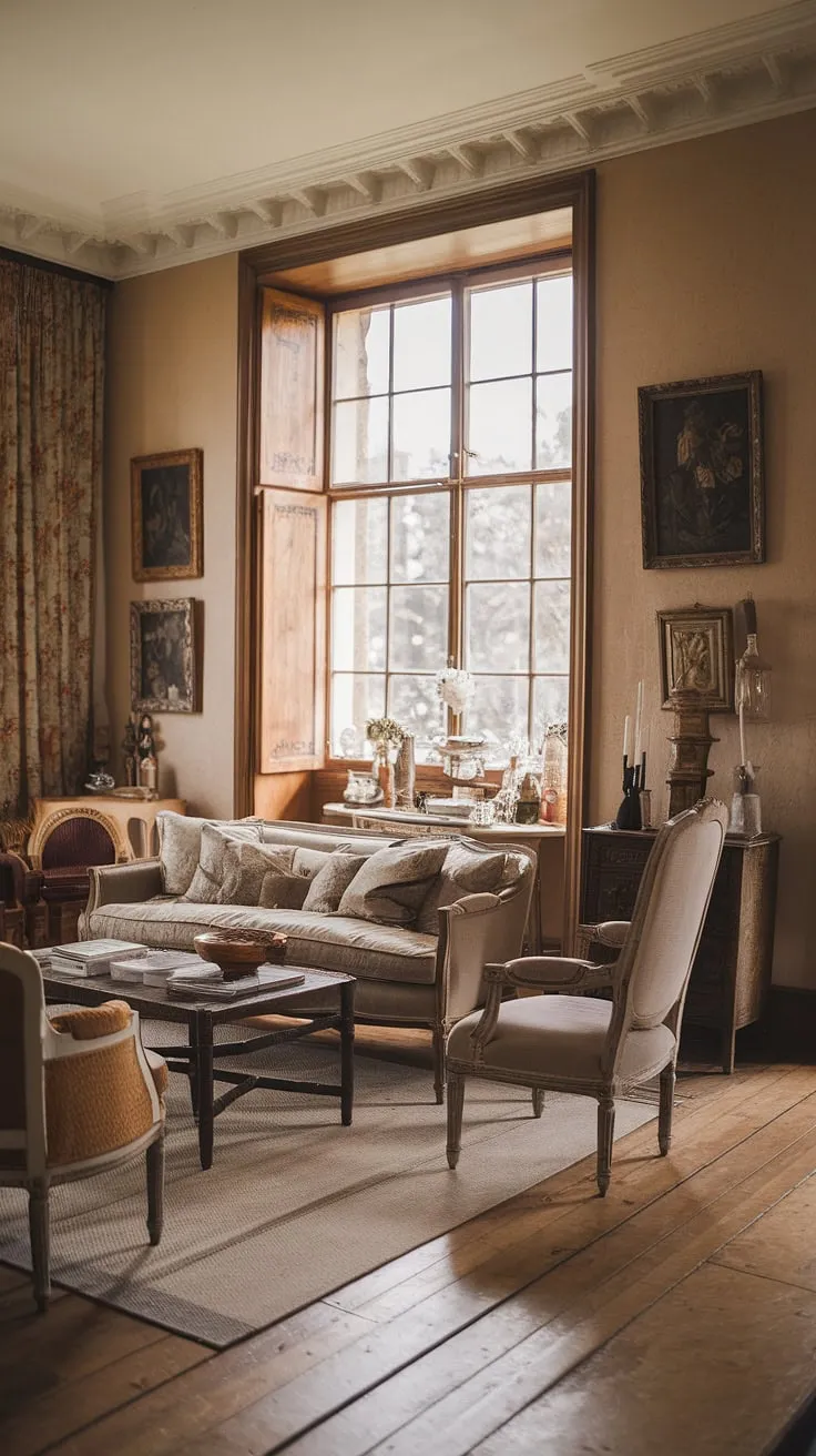 Cozy elegance defines this French country living room, its antique décor and warm earthy tones creating a vintage farmhouse haven.