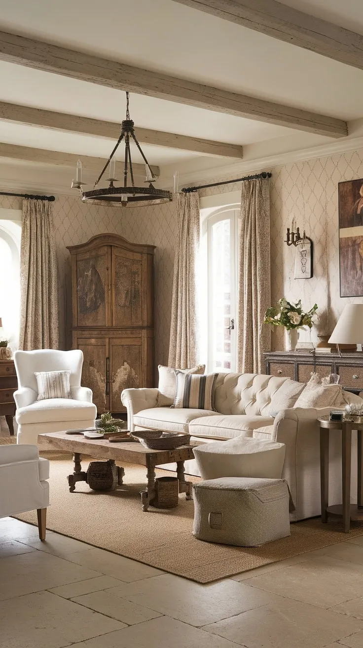 A vintage farmhouse vibe meets contemporary style in this chic French country living room.