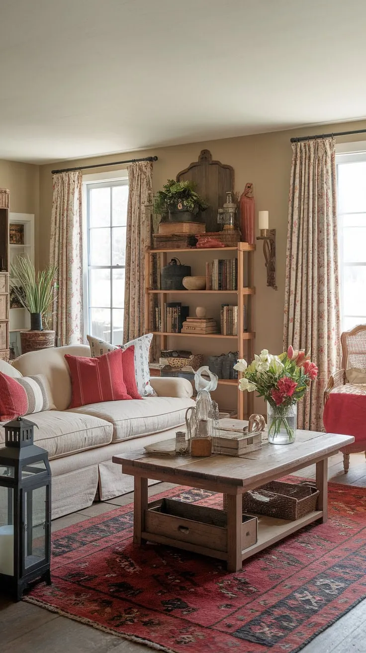 Elegant beige tones and vintage accents create a charming French country living room.