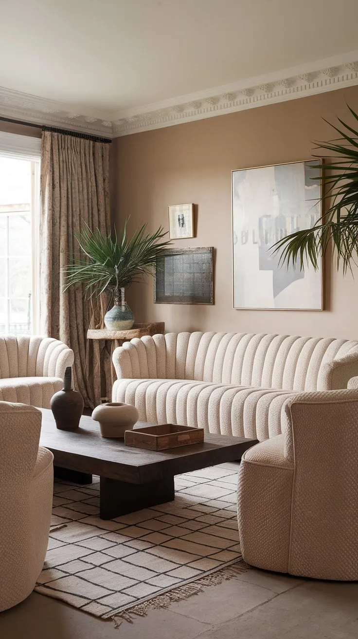 A soft beige palette, curved furniture, and carefully chosen artwork create a sophisticated yet cozy French country living room.