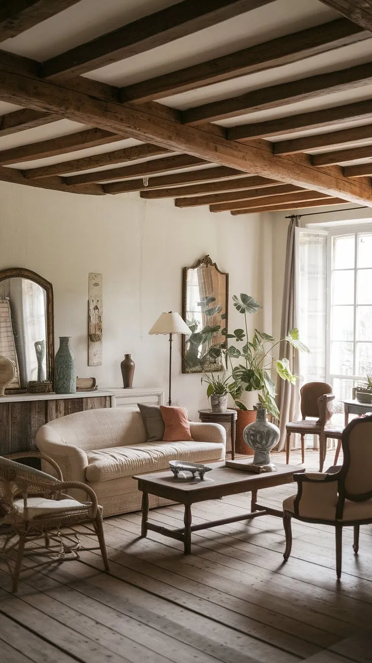 A charming French country living room, filled with antique and modern accents, offers a cozy farmhouse atmosphere.