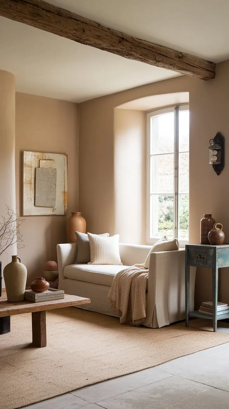 A soft beige palette, vintage wood accents, and tasteful décor create a charmingly modern French country living room.