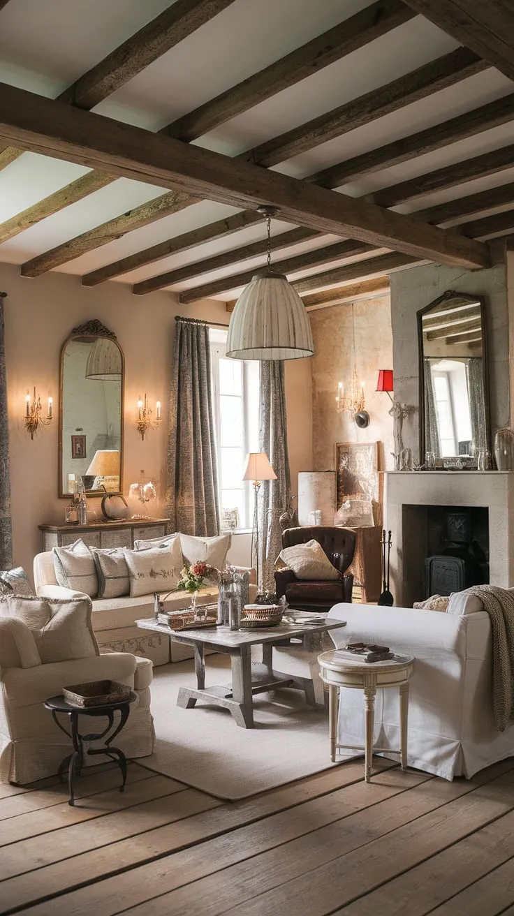 A cozy French country living room showcases a sophisticated mix of vintage and contemporary furniture.