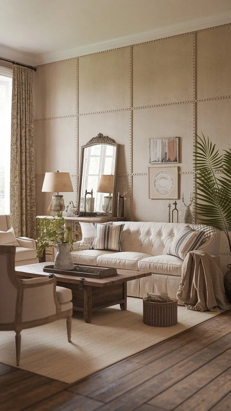 A beige sofa, wooden floors, and vintage accents create a cozy French country living room atmosphere.