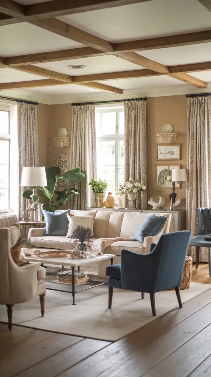 Elegant French country design meets vintage farmhouse charm in a cozy living room, creating a sophisticated yet comfortable atmosphere