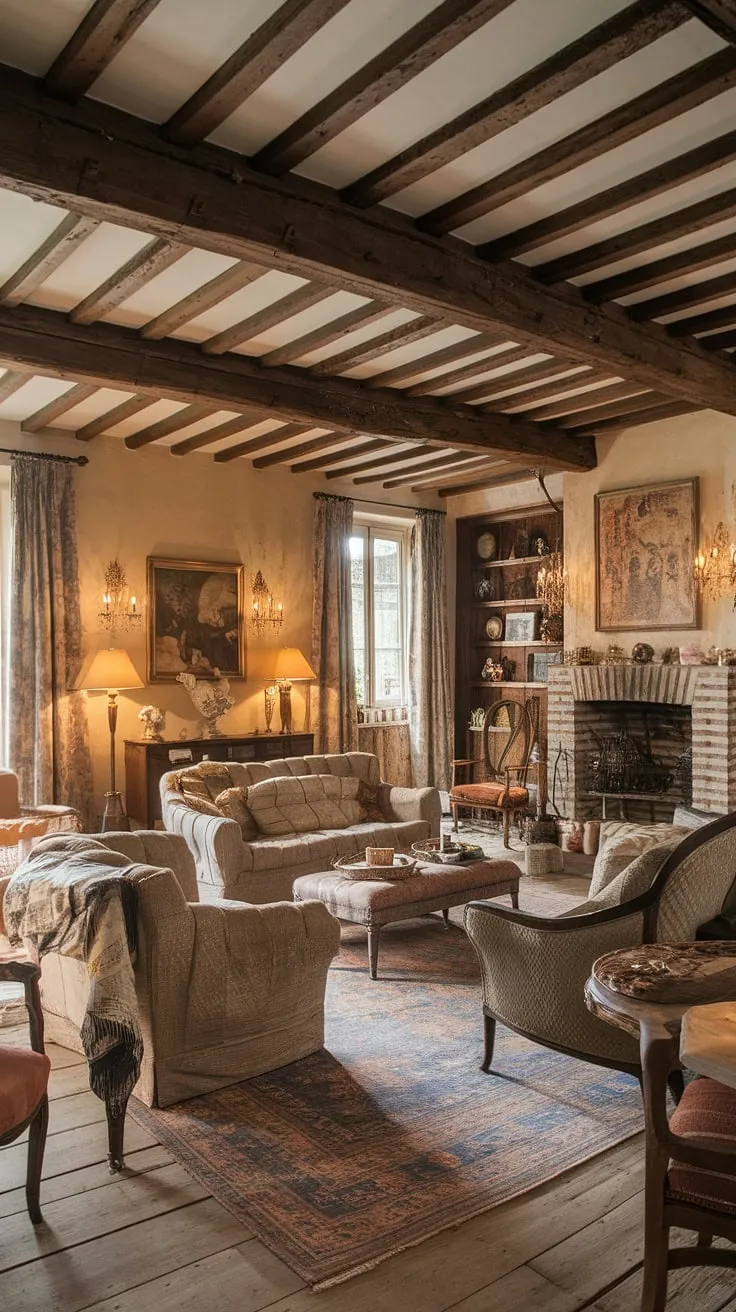 Warm lighting, rustic charm, and antique furniture create a cozy French country living room perfect for relaxation.