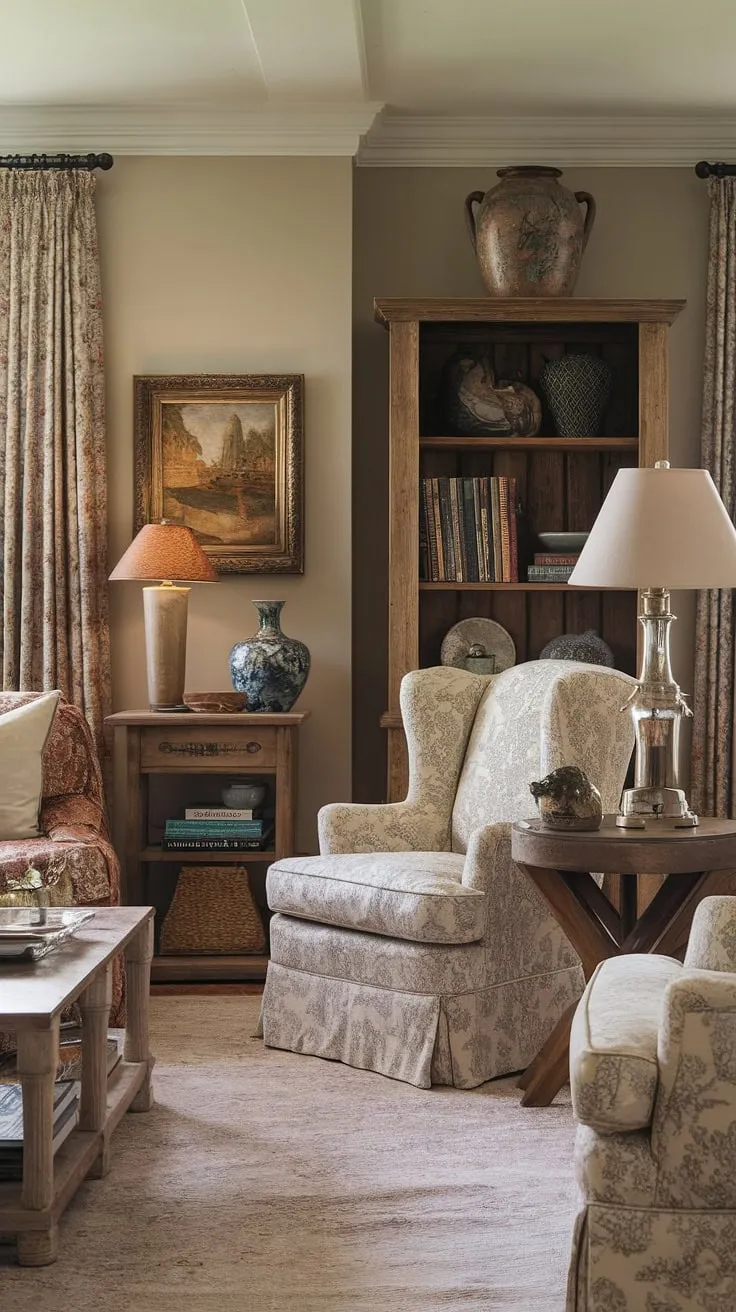Elegant French country living blends vintage charm with modern sophistication in a cozy and chic space